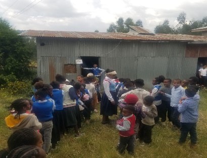 Schoolchildren gathered outside